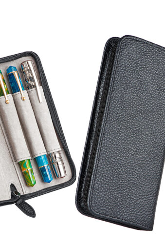 3 Divided Slots Genuine Leather Fountain Pen Case, Zippered Pen Case Pouch Handmade Display Holder for Rollerball Pen