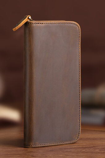3 Divided Slots Genuine Leather Fountain Pen Case, Crazy Horse Zippered Pen Case Pouch Handmade Display Holder